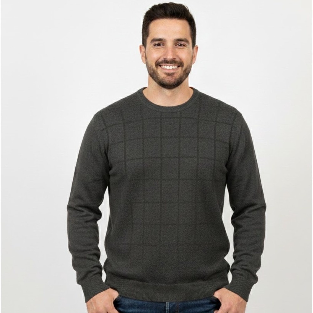 Perry Ellis Men Dark Gray Plaid Crewneck Long Sleeve Sweater L Silk Blend Preppy